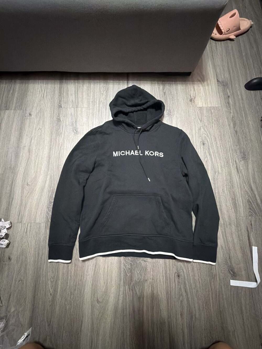 Michael Kors Men's Black Logo Embroidered Hoodie with White Accent Trim